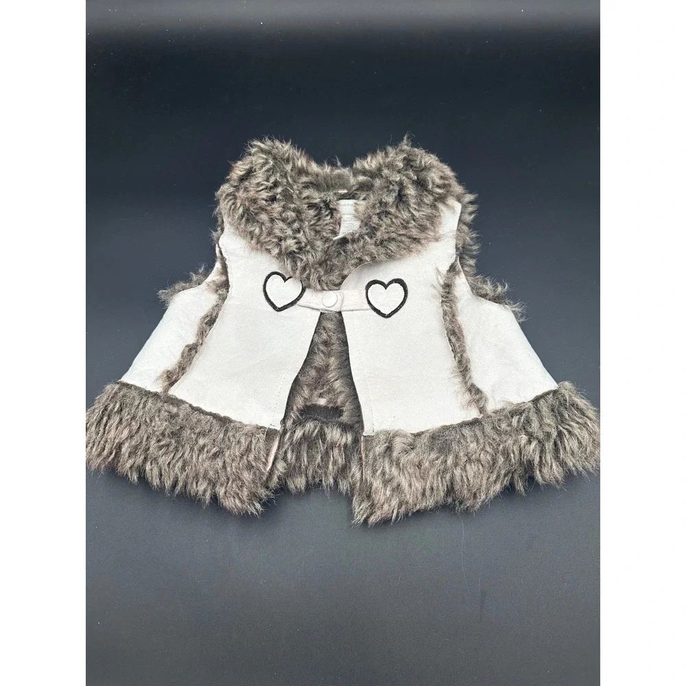 First Impressions Baby Vest Girls Faux Fur Suede Hearts Brown Beige 18 Months